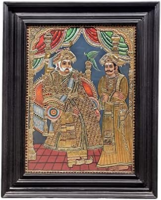 הודו אקזוטית 23 איקס 29 ציור המלך טנג ' ור | צבעים מסורתיים עם זהב 24 קראט / מסגרת עץ טיק / זהב ו-וו